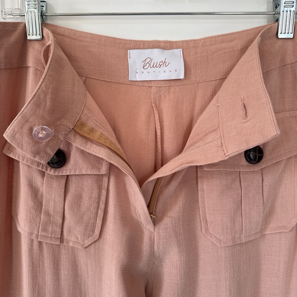 Wide Leg Soft Peach Linen Trousers with Front Flap Pockets - Picture 3 of 8